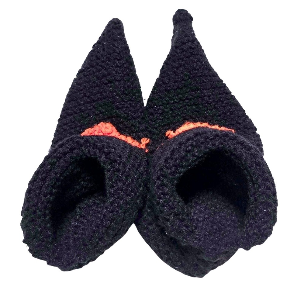 Hand Knit Teen Adult Black Footie Slippers Booties House Shoes 1980s Vintage